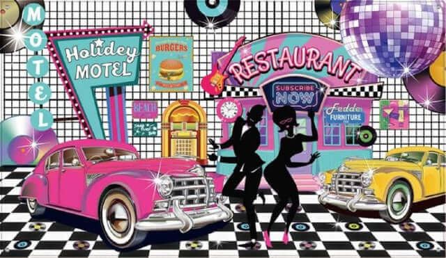 A vibrant 1950s-themed backdrop featuring a retro diner and motel scene. The image includes a pink and yellow vintage car, silhouettes of a dancing couple, a jukebox, neon signs for a "Restaurant" and "Holiday Motel," and a large purple disco ball. The checkered floor and colorful records enhance the nostalgic rock 'n roll atmosphere.