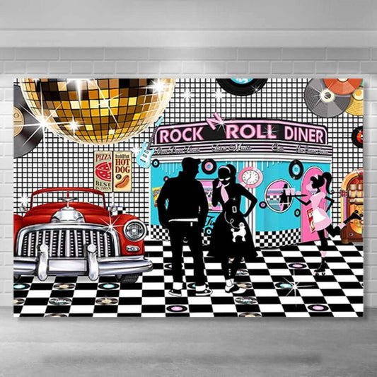 Retro 50s-themed backdrop featuring a rock-and-roll diner, classic red car, black-and-white checkered dance floor, disco ball, and silhouettes of dancing figures with vintage soda shop decor.