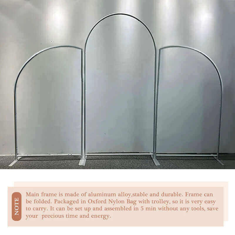 A photo of three assembled arch-shaped aluminum backdrop frames in different sizes, arranged side by side. The frames are lightweight and supported by flat metal bases for stability. Below the image, a note mentions that the main frame is made of aluminum alloy, which is stable, durable, foldable, and easy to carry. It comes packaged in an Oxford Nylon Bag with a trolley and can be set up in 5 minutes without tools, saving time and energy. The setup is displayed against a plain wall with a carpeted floor.