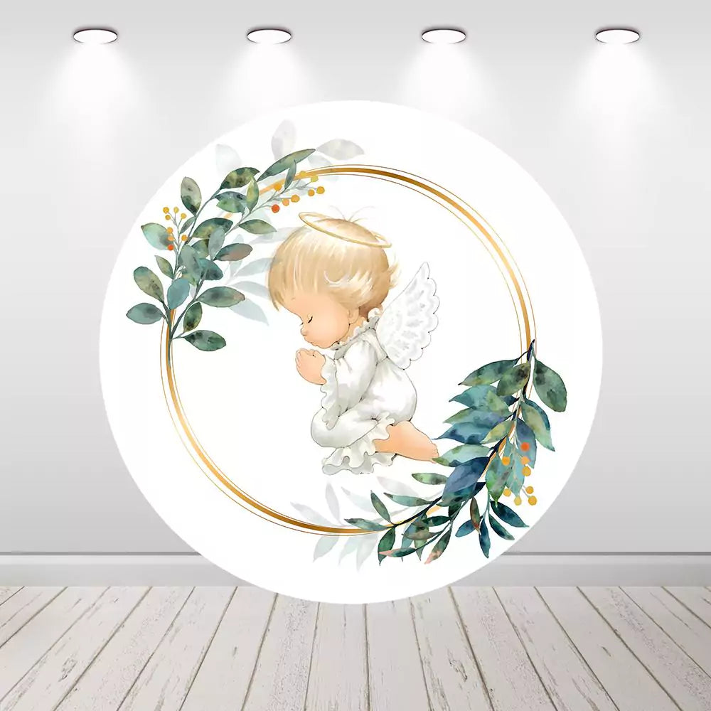 Angel Boy Baby Shower Baptism Round Circle Backdrop Cover