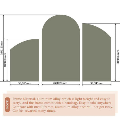 A size chart showing three arch-shaped backdrop frames with measurements. The left arch is 4 feet (1220mm) tall and 3 feet (915mm) wide, the middle arch is 7 feet (2125mm) tall and 4 feet (1220mm) wide, and the right arch is 6 feet (1830mm) tall and 3 feet (915mm) wide. Below the diagram, there is a note stating that the frames are made of lightweight aluminum alloy, which is easy to carry, rust-resistant, reusable, and comes with a handbag for portability. The background is a beige tone with clear measurem