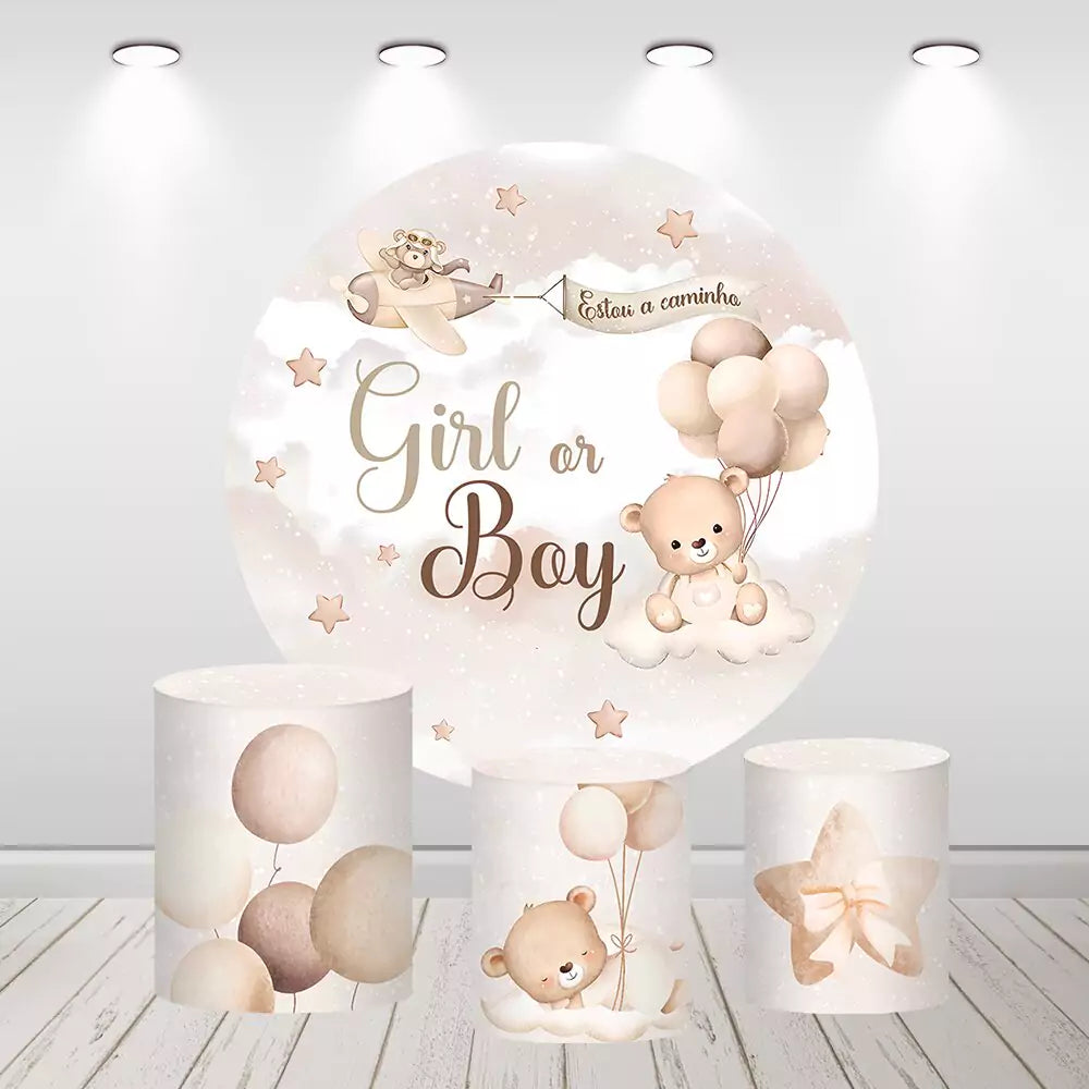 Bear Gender Reveal Boy or Girl Round Backdrop