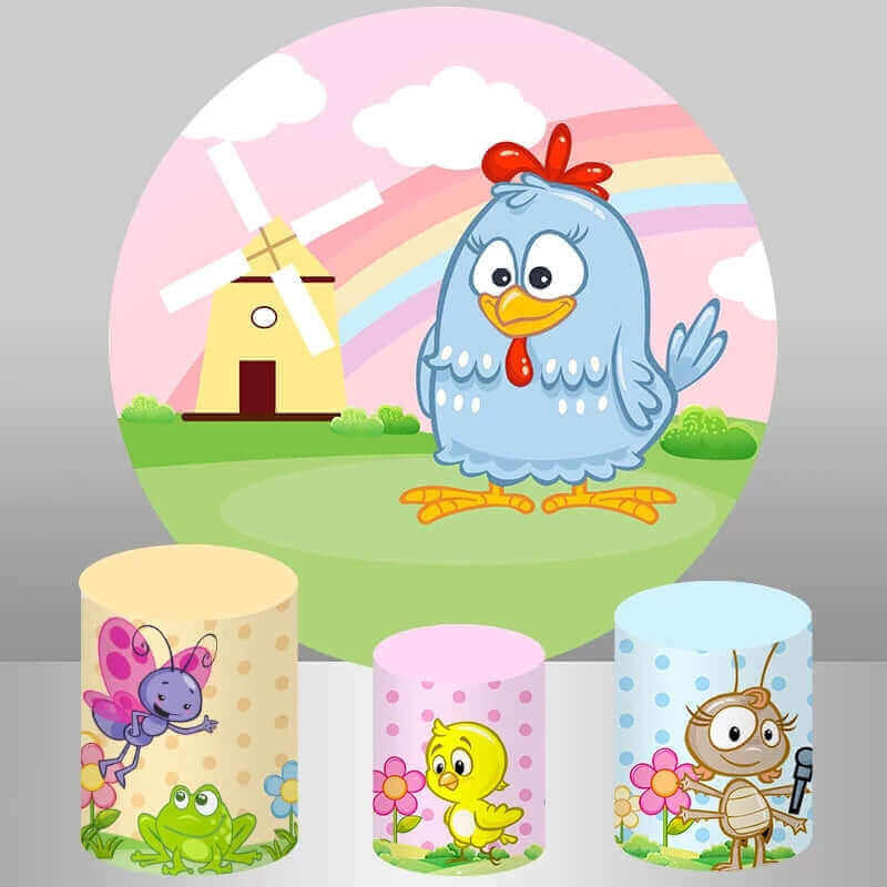 Spring farm-themed round backdrop featuring a cartoon chicken and a rainbow, with three cylindrical plinth covers decorated with a frog, butterfly, chick, and cricket, perfect for kids' parties and baby showers.