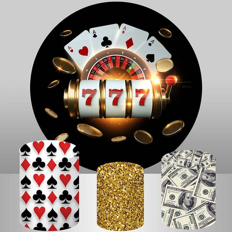 Casino-themed party decoration set with a round backdrop featuring a slot machine, playing cards, and roulette wheel, and three matching cylinder covers with card suits, gold glitter, and dollar bill designs.