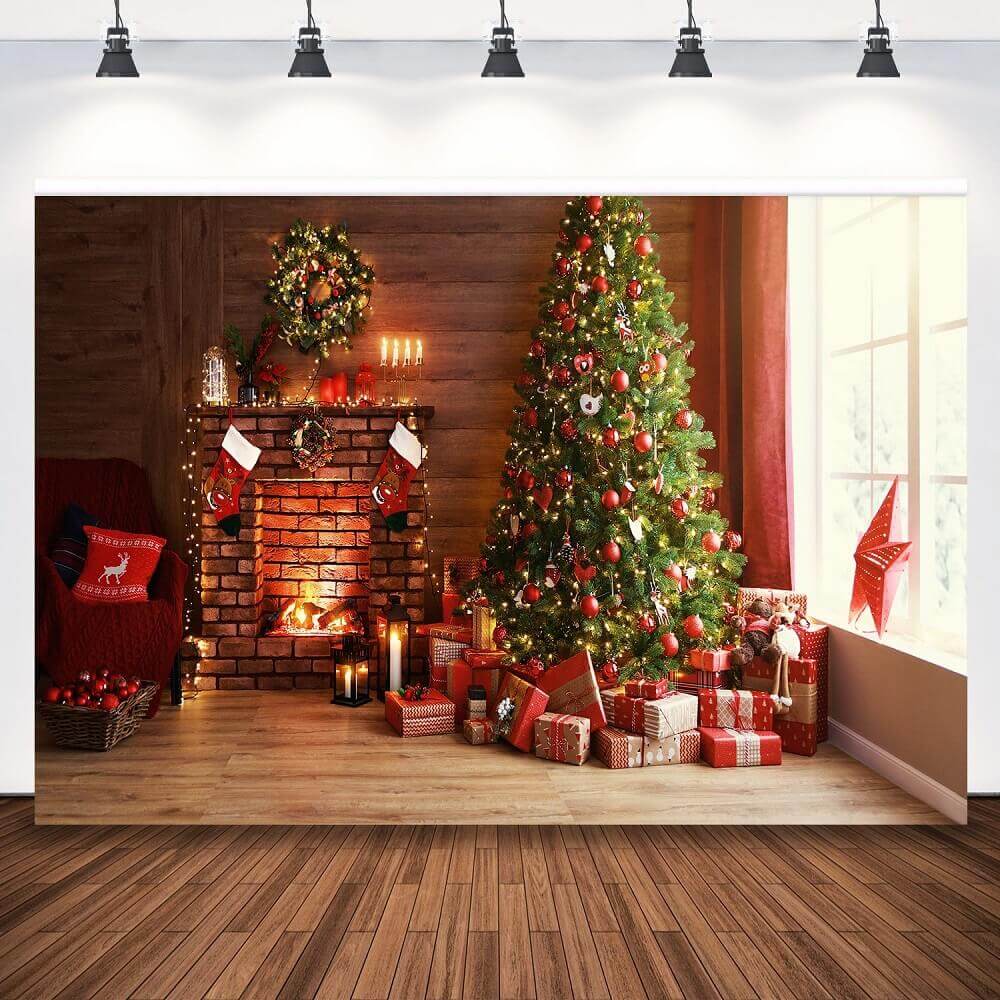 Cozy Christmas-themed backdrop featuring a glowing brick fireplace, a decorated Christmas tree, and festive gifts in a rustic living room setting.