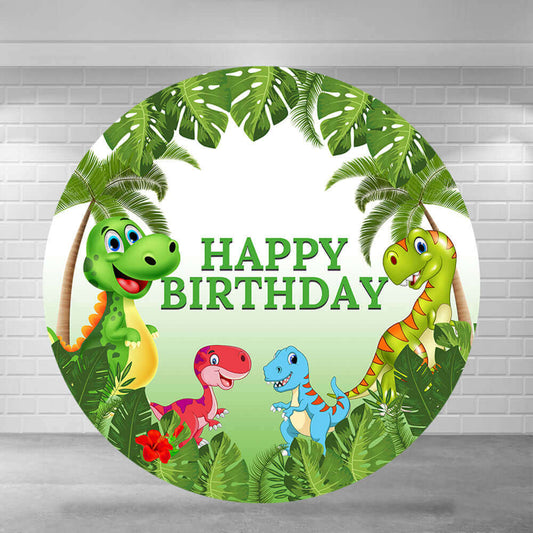 Round backdrop with a dinosaur theme, showcasing cartoon dinosaurs, green palm leaves, and a fun ‘Happy Birthday’ message in a jungle-like design.