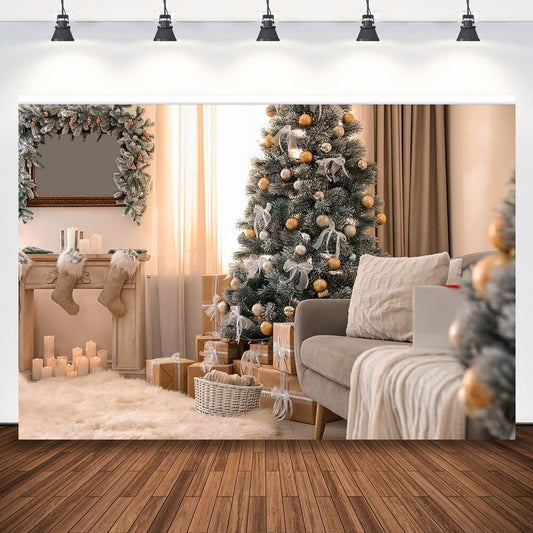 Christmas backdrop featuring a frosted tree with gold ornaments, a fireplace with stockings, glowing candles, and wrapped gifts for a cozy holiday atmosphere.