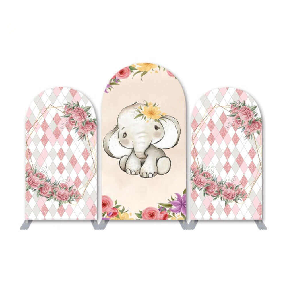 A three-piece arched backdrop set featuring a central design of a baby elephant with floral accents, flanked by two side arches decorated with pink diamond patterns and floral arrangements.