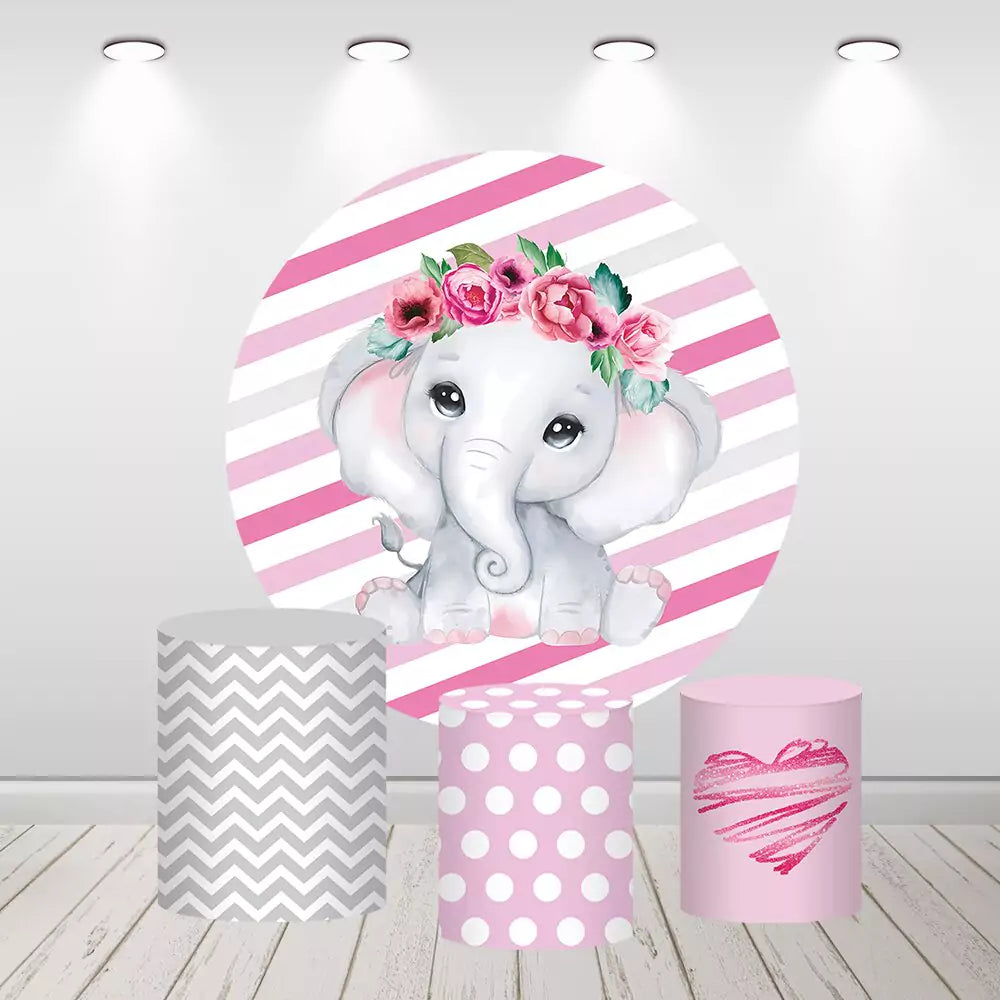 Elephant Pink Round Backdrop Cover for Girl Birthday Party Decor