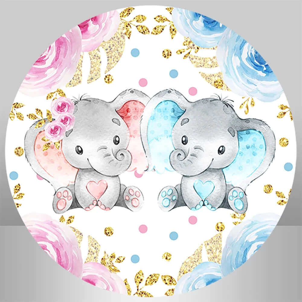 A round elephant-themed gender reveal backdrop with two elephants, one with pink and one with blue ears, surrounded by gold glitter accents and pastel flowers. Perfect for baby showers.