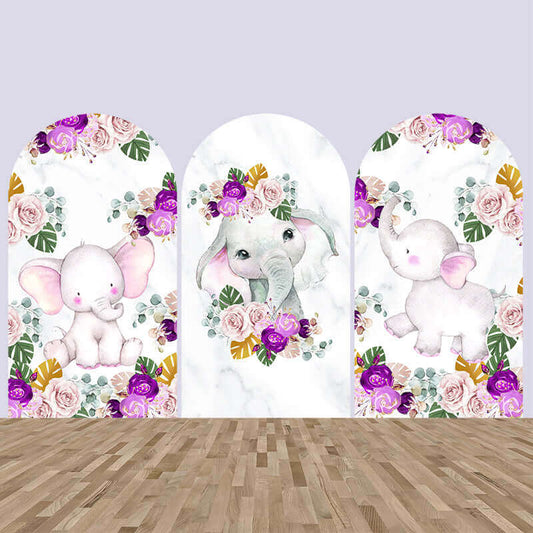 Three-panel arched backdrop set with adorable baby elephants surrounded by pink, purple, and white floral designs, perfect for baby showers, birthdays, and themed celebrations.