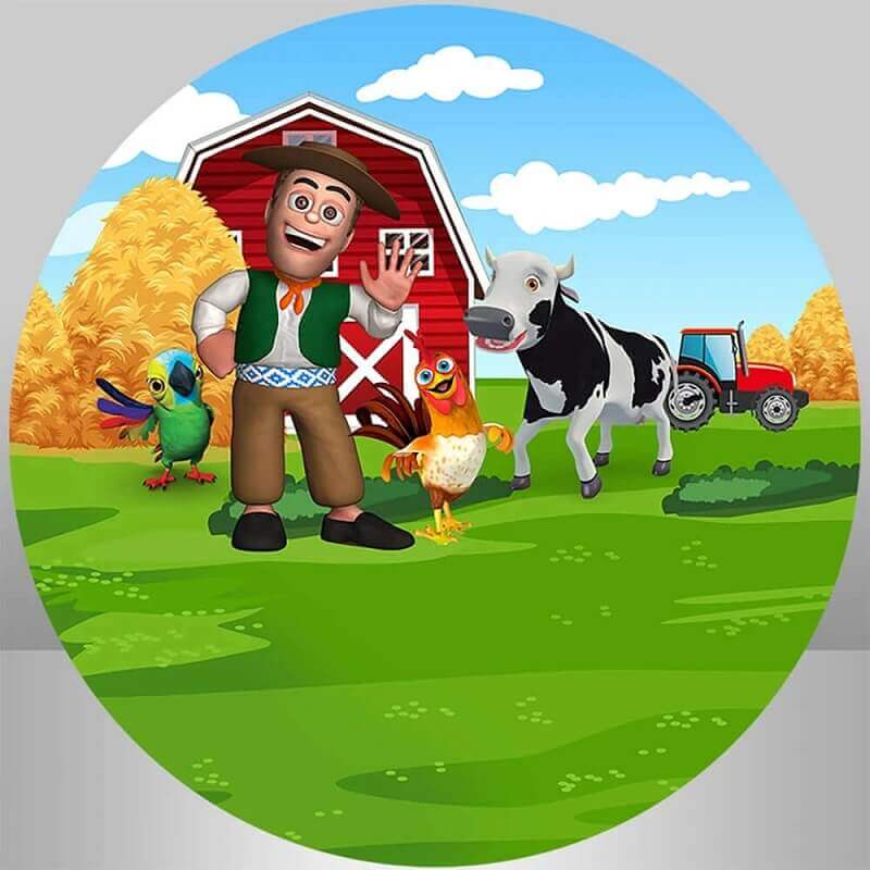 Granja de Zenón-themed round backdrop with a red barn, cheerful farmer, cow, rooster, and a tractor on a green farm setting.