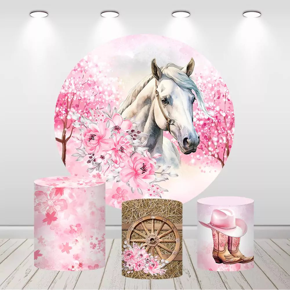 Horse Pink Flowers Cowgirl Baby Shower Round Backdrop