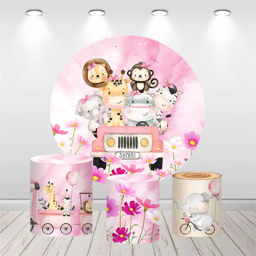 Pink Safari Animals Baby Shower Round Backdrop Cylinder Covers