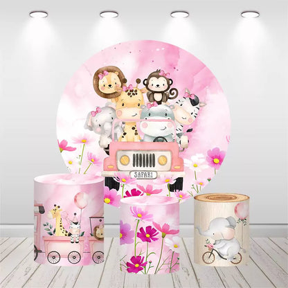 Pink Safari Animals Baby Shower Round Backdrop Cylinder Covers