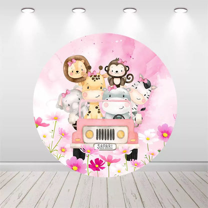 Pink Safari Animals Baby Shower Round Backdrop Cylinder Covers