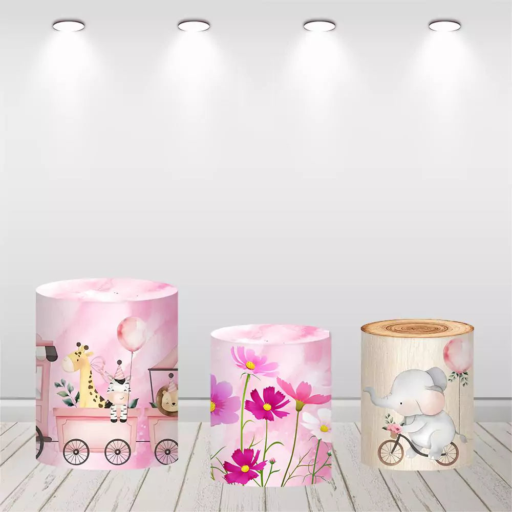 Pink Safari Animals Baby Shower Round Backdrop Cylinder Covers