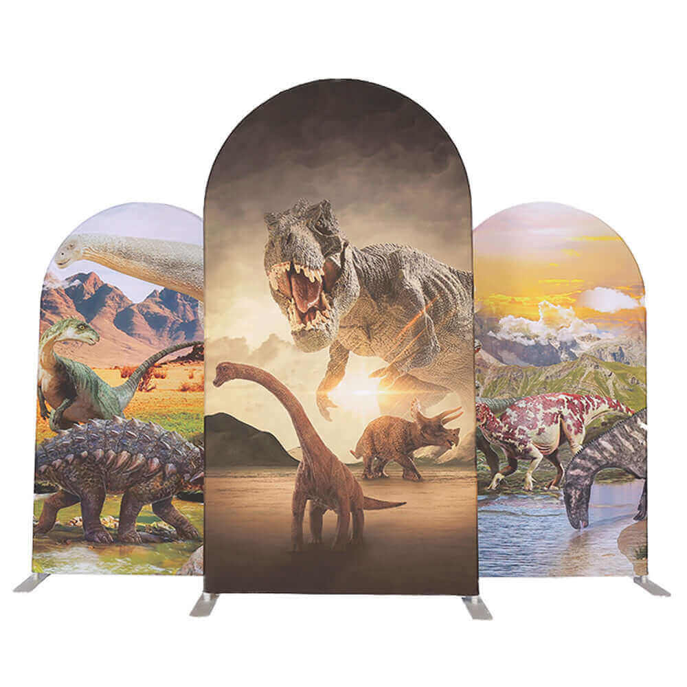 A three-piece dinosaur-themed arched backdrop set featuring a roaring T-Rex in the central arch with other dinosaurs like stegosaurus, brachiosaurus, and triceratops depicted on the side arches against scenic landscapes.