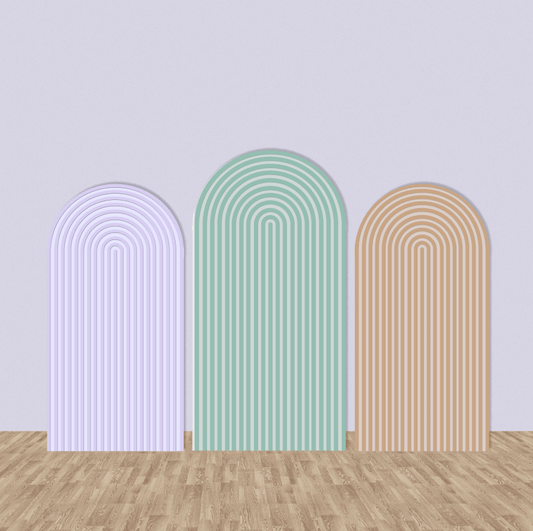 Three minimalist arched backdrops with striped patterns in pastel tones of lavender, sage green, and warm beige, perfect for baby showers, weddings, and modern event decor.