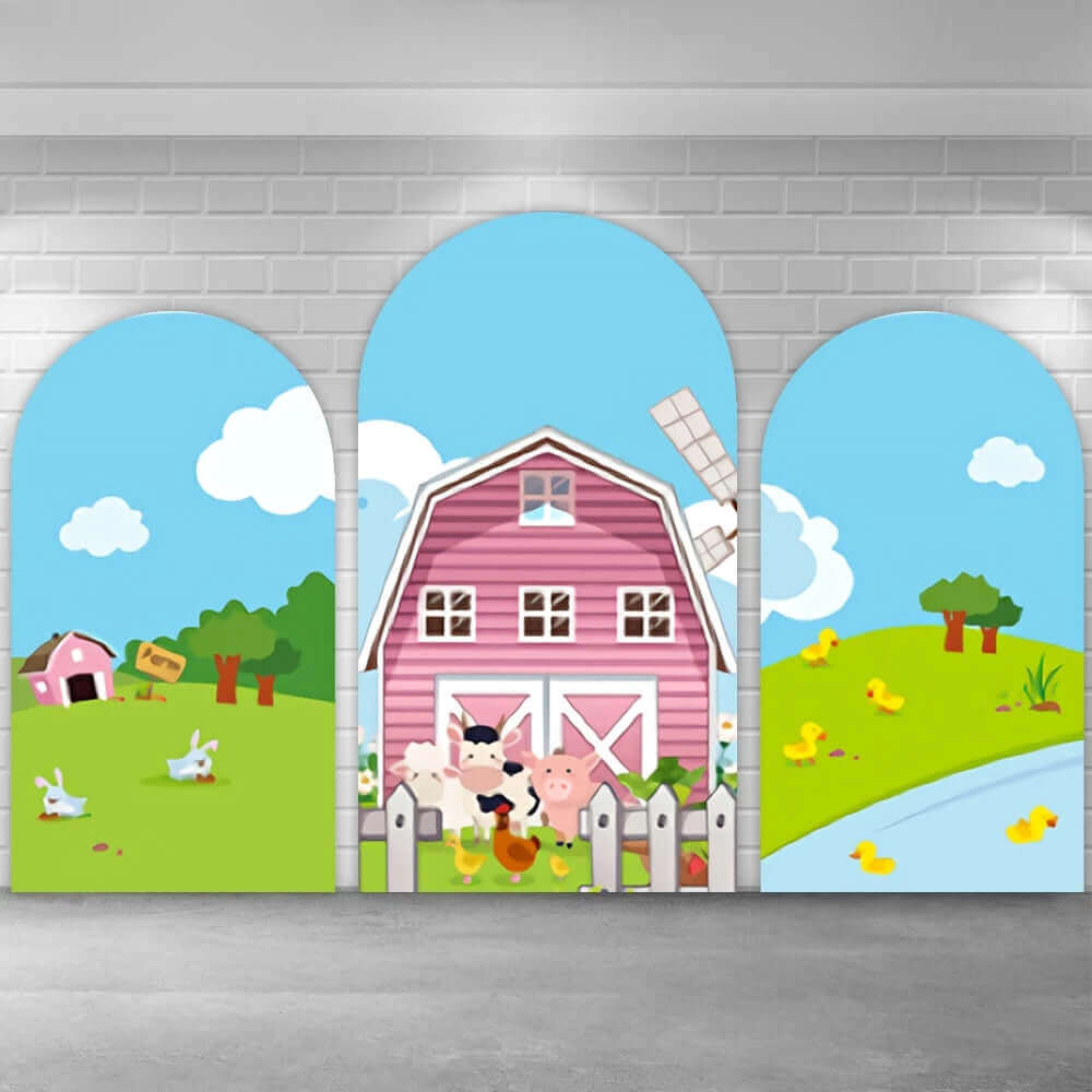 Three-piece arched backdrop set with a pink barn centerpiece, a countryside scene with geese on the left, and a pond with ducklings on the right. Ideal for rustic-themed celebrations.