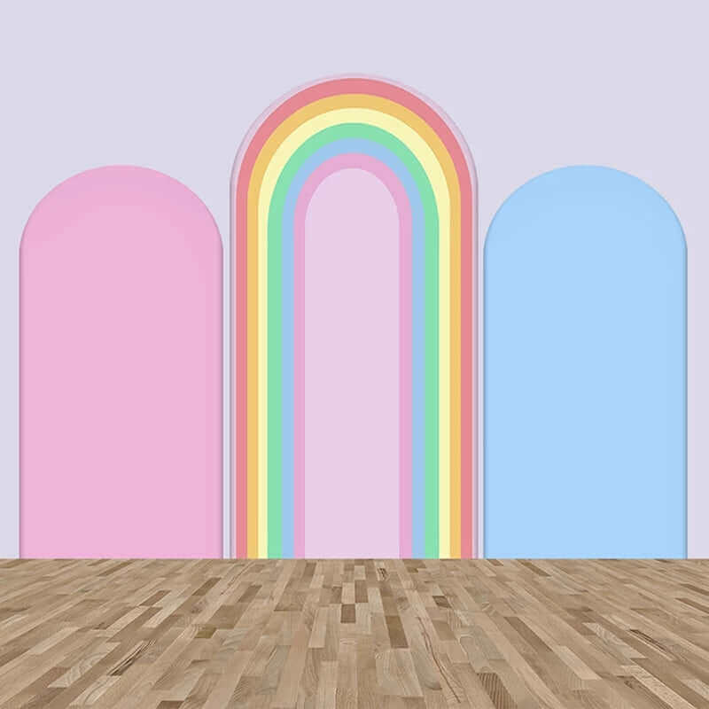 Three-piece pastel arch backdrop set featuring a pink left arch, a rainbow-patterned middle arch, and a blue right arch. Perfect for baby showers, birthdays, and pastel-themed celebrations.