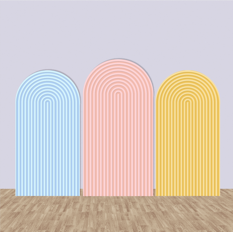 Three pastel groovy arched backdrops featuring sleek striped designs in blue, pink, and yellow tones, perfect for baby showers, birthdays, and modern event decor.