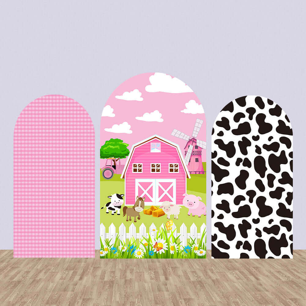 Three-piece farm-themed arched backdrop set featuring a pink gingham left arch, a pink barn with farm animals in the center, and a cow print right arch, perfect for kids' birthday parties or farm-themed events.