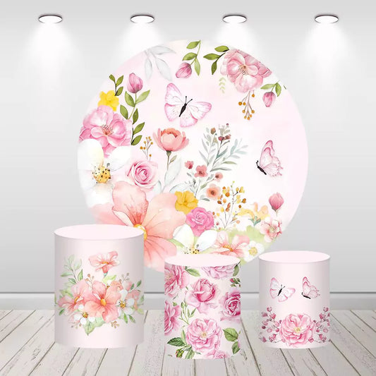 Pink Flowers Girls Birthday Party Round Backdrop Cylinder Covers