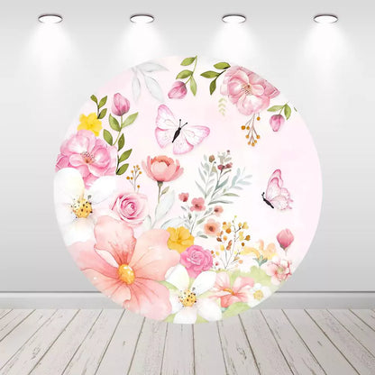 Pink Flowers Girls Birthday Party Round Backdrop Cylinder Covers