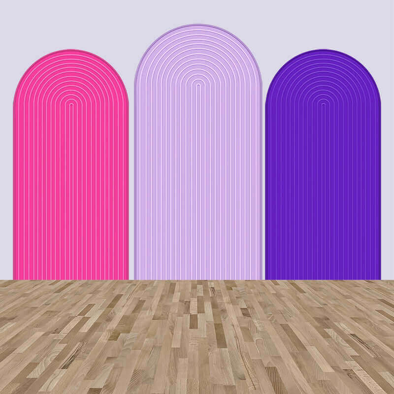 Three-piece striped arch backdrop set featuring pink, lavender, and purple designs, perfect for groovy-themed parties, birthdays, and stylish celebrations.Three-piece striped arch backdrop set featuring pink, lavender, and purple designs, perfect for groovy-themed parties, birthdays, and stylish celebrations.