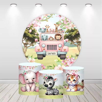 Pink Safari Animals Baby Shower Round Backdrop Plinth Covers