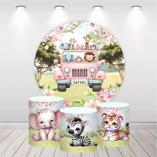 Pink Safari Animals Baby Shower Round Backdrop Plinth Covers