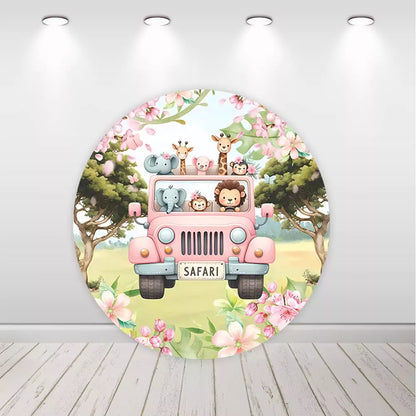 Pink Safari Animals Baby Shower Round Backdrop Plinth Covers