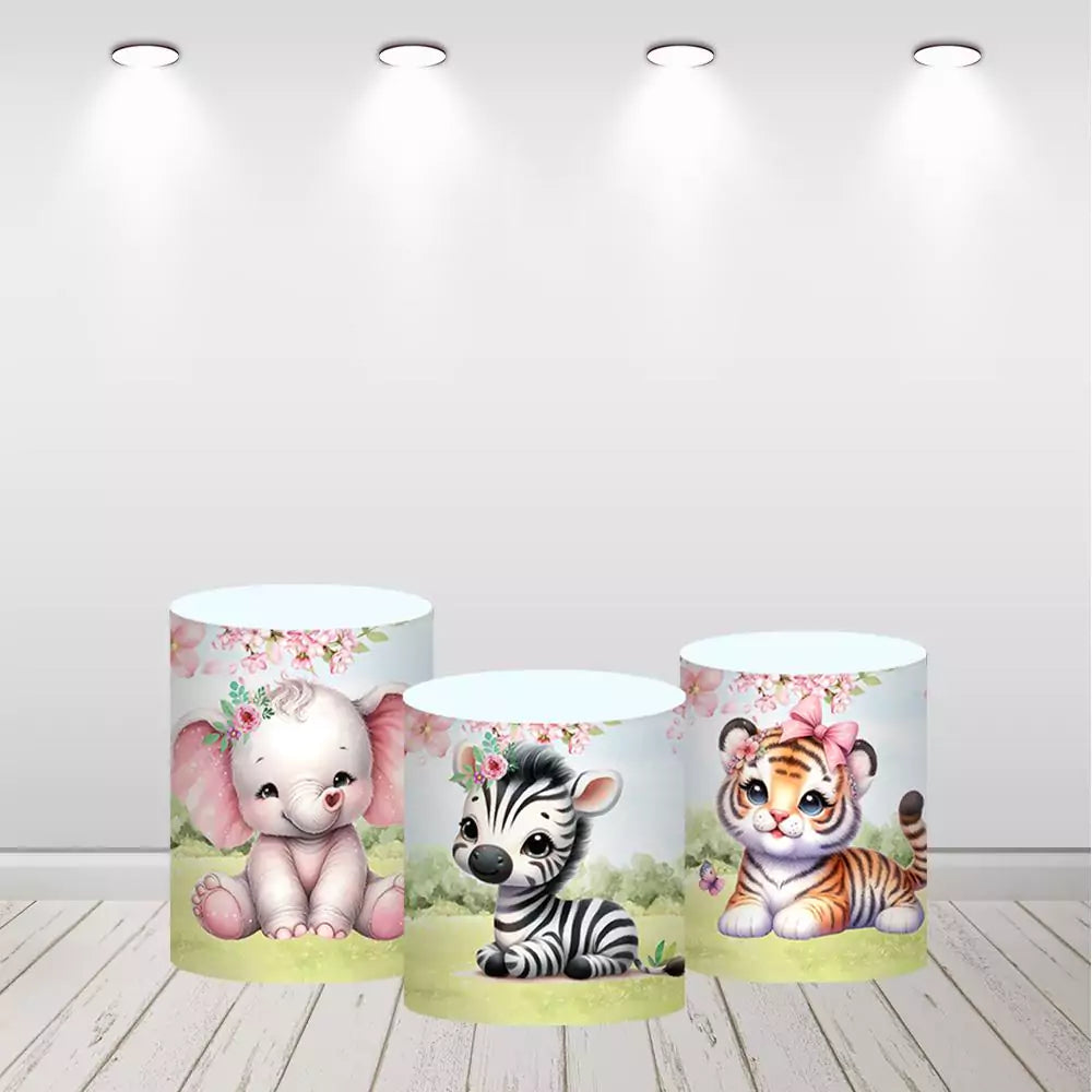 Pink Safari Animals Baby Shower Round Backdrop Plinth Covers