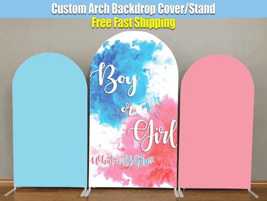 Pink and blue gender reveal Chiara arch backdrop set, featuring a central panel with pink and blue smoke design and the phrase “Boy or Girl – What will it be?” flanked by a blue half arch on the left and a pink half arch on the right.