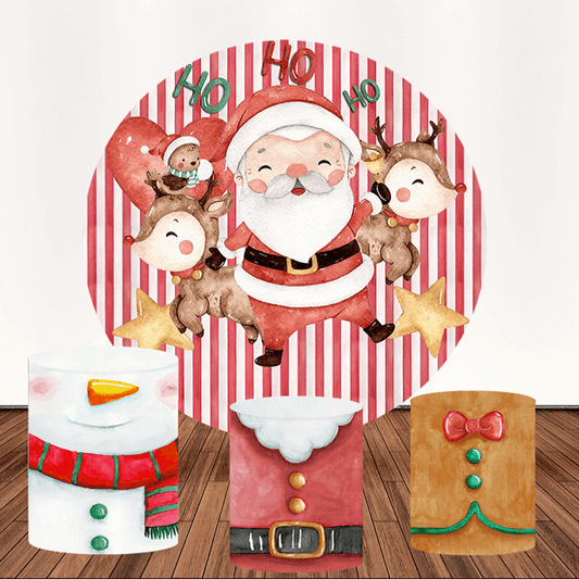 A round Christmas backdrop featuring Santa Claus and his reindeer on a red-striped background with "Ho Ho Ho" text, accompanied by festive cylinder covers.