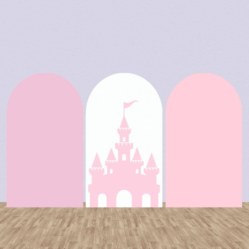 Three-panel arched backdrop set featuring a pink castle silhouette on a white background in the center, flanked by two solid light pink arches, ideal for princess-themed parties.