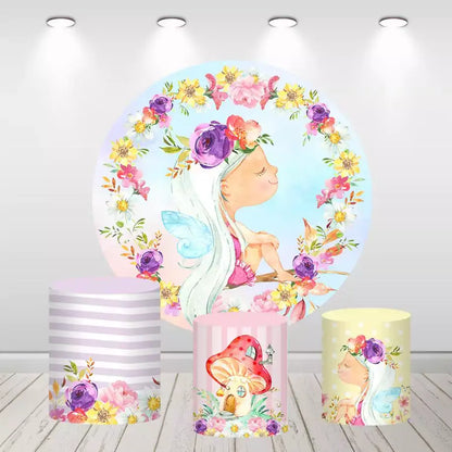 Spring Flowers Round Circle Backdrop for Girls Birthday Decoration