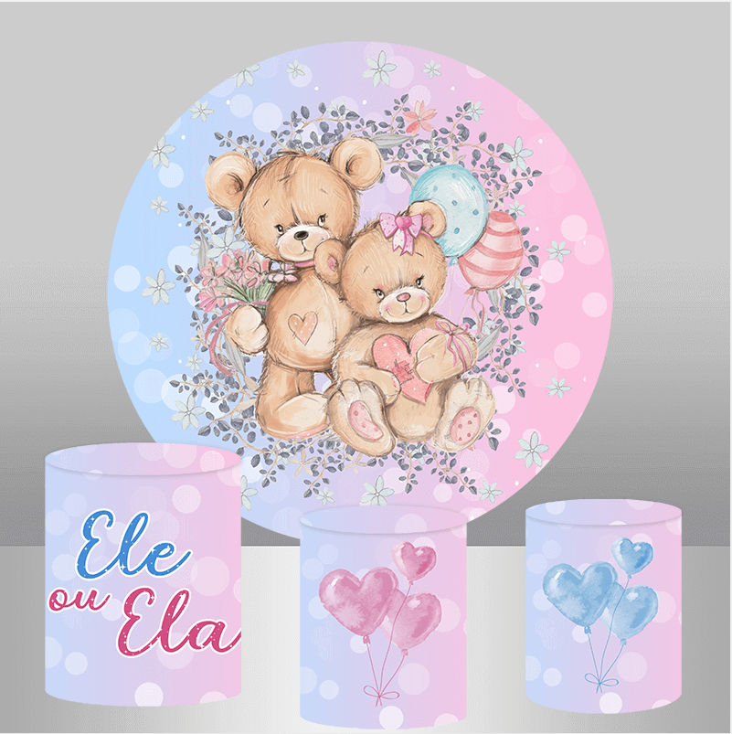 Teddy bear-themed gender reveal backdrop set with a round backdrop featuring two teddy bears surrounded by pink and blue balloons and floral accents, paired with three plinth covers displaying 'He or She' text, pink balloons, and blue balloons.