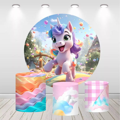 Unicorn Baby Shower Kids Birthday Round Backdrop