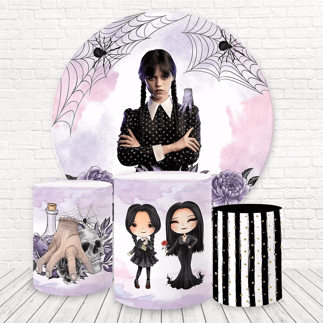 Wednesday Addams-themed round backdrop and cylinder cover set, featuring spiderwebs, gothic illustrations, and Addams Family-inspired designs.