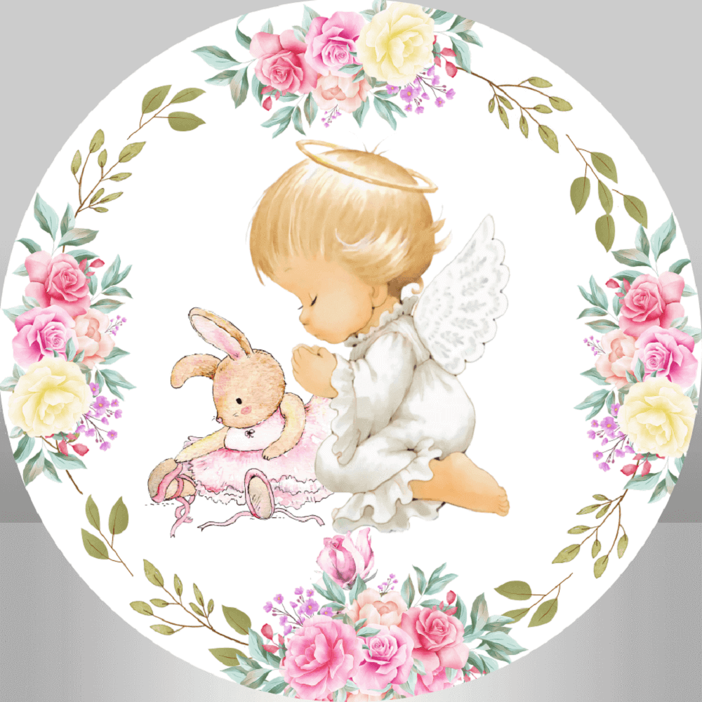 Round baptism backdrop featuring a baby angel kneeling in prayer next to a bunny, surrounded by floral arrangements with roses and greenery.