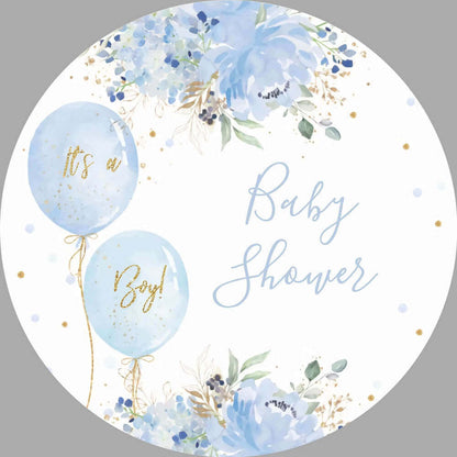 Round baby shower backdrop featuring blue balloons, watercolor florals, gold accents, and the words 'It's a Boy' and 'Baby Shower' in elegant script.