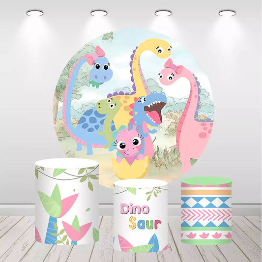 Colorful Baby Dinosaur Party Round Backdrop