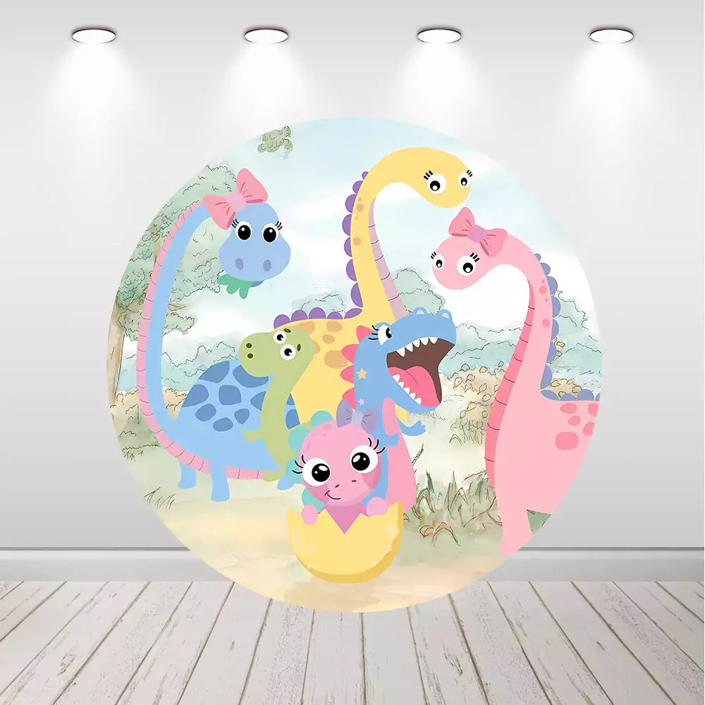 Colorful Baby Dinosaur Party Round Backdrop