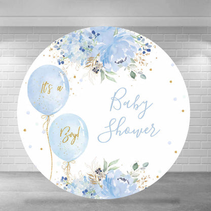 Round baby shower backdrop featuring blue balloons, watercolor florals, gold accents, and the words 'It's a Boy' and 'Baby Shower' in elegant script.