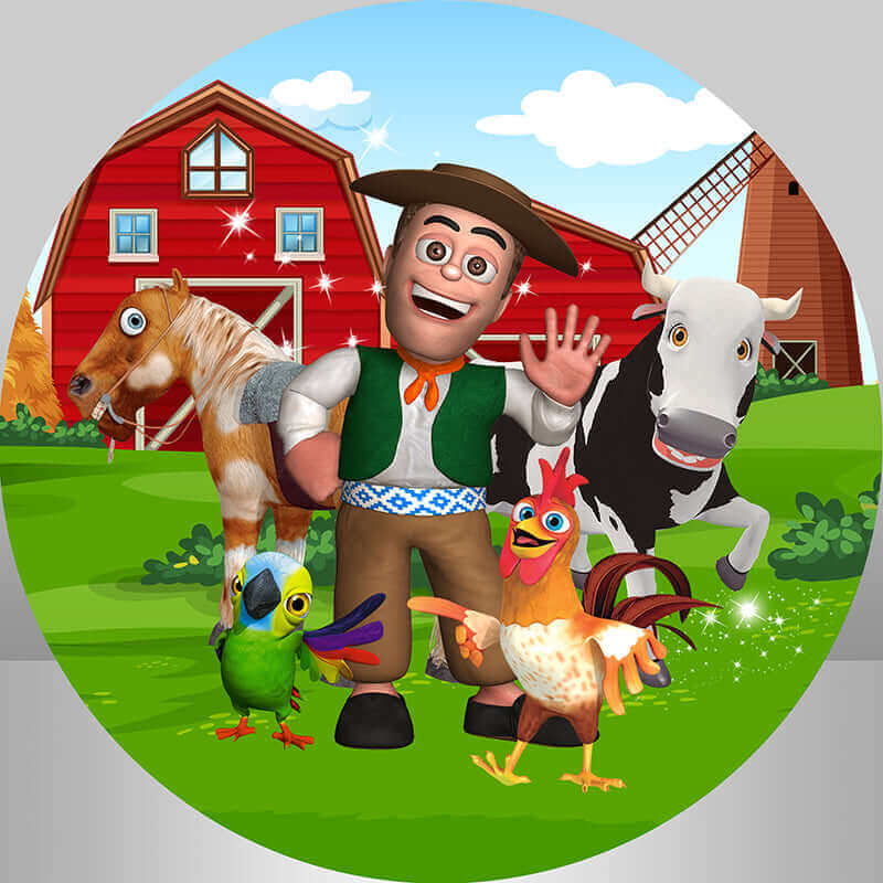 Farm animal backdrop with a cartoon farmer, cow, horse, chicken, parrot, and a red barn in a bright green field.