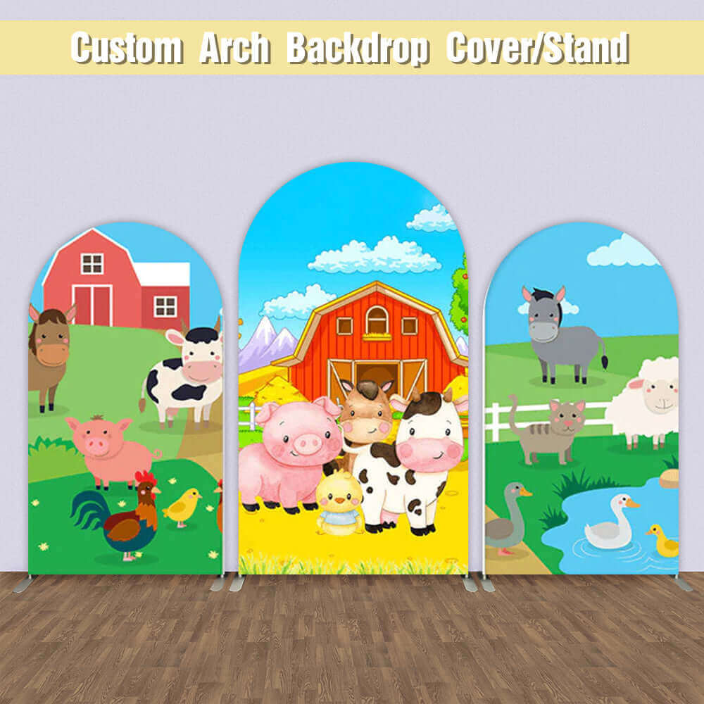 Three-piece farm-themed arched backdrop set featuring colorful designs of pigs, cows, donkeys, chickens, ducks, and a red barn in a vibrant countryside setting.