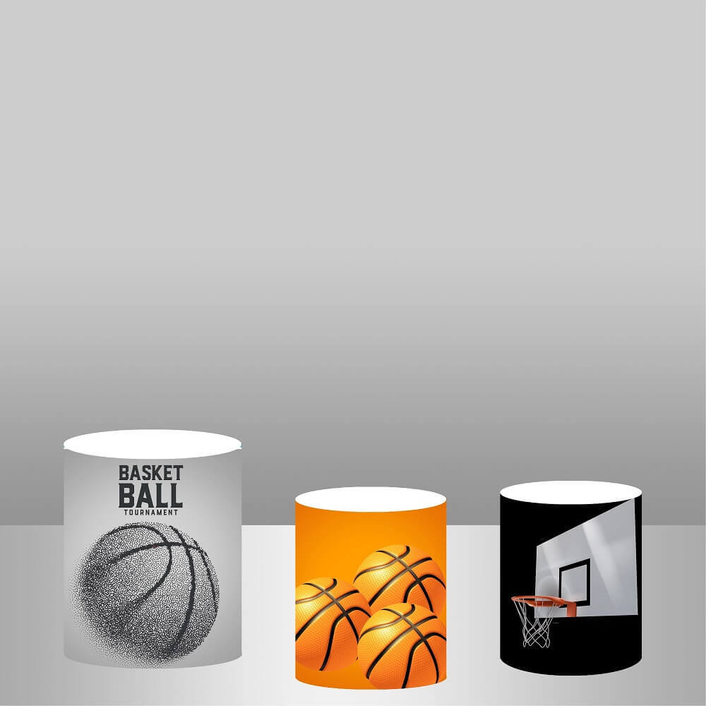 Set of three cylinder covers: one with a basketball graphic for tournaments, one with orange basketballs, and one featuring a basketball hoop design.