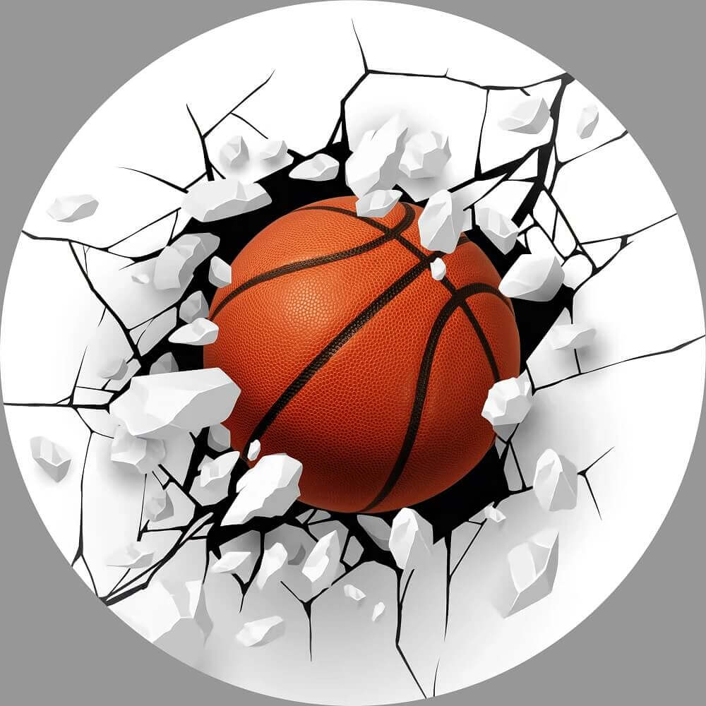 Round backdrop with a 3D effect showing a basketball breaking through a cracked wall, creating a dynamic crash effect.